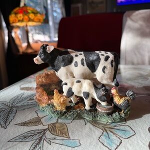 Young's Inc Cow Calf With Chickens Figurine Cow Gift Collectible Farm Animals